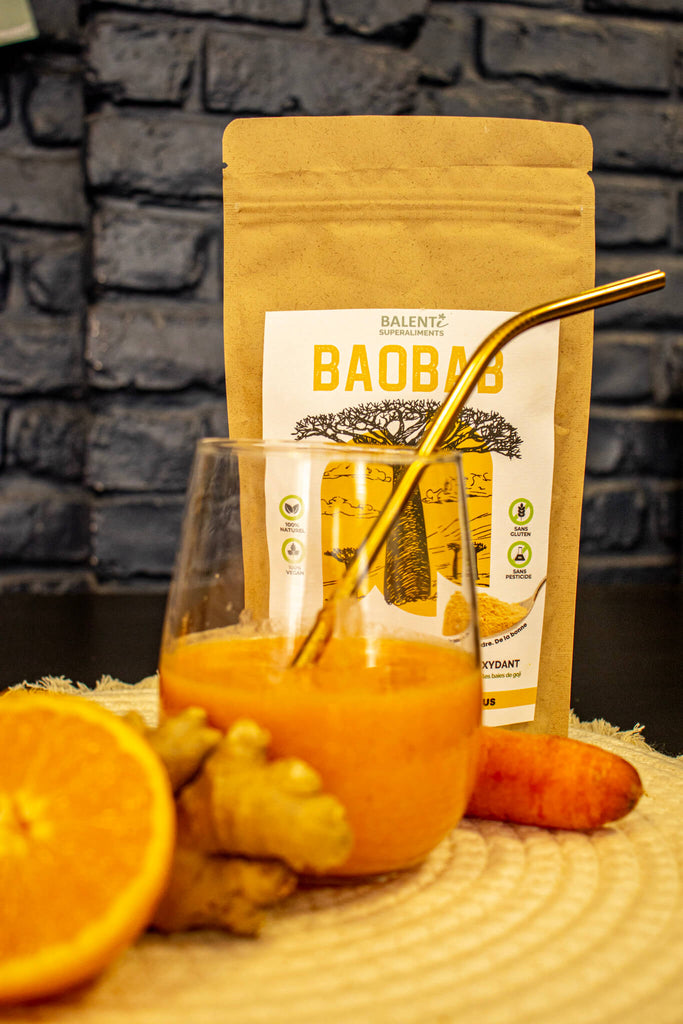 Smoothie Flash à la poudre de baobab, carottes, gingembre et orange.